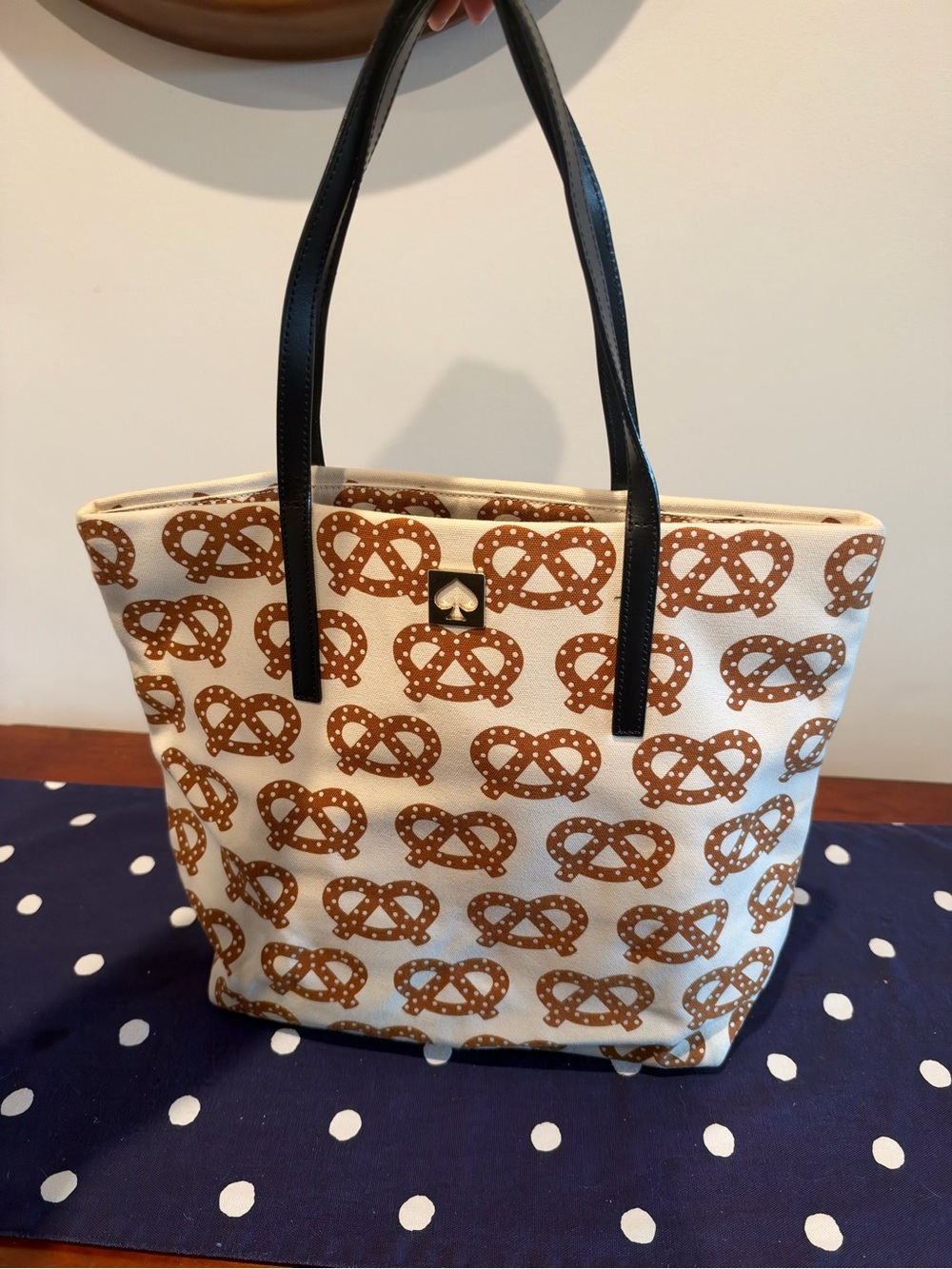 Canvas Tote Bag with Pretzel Print - Black Handles